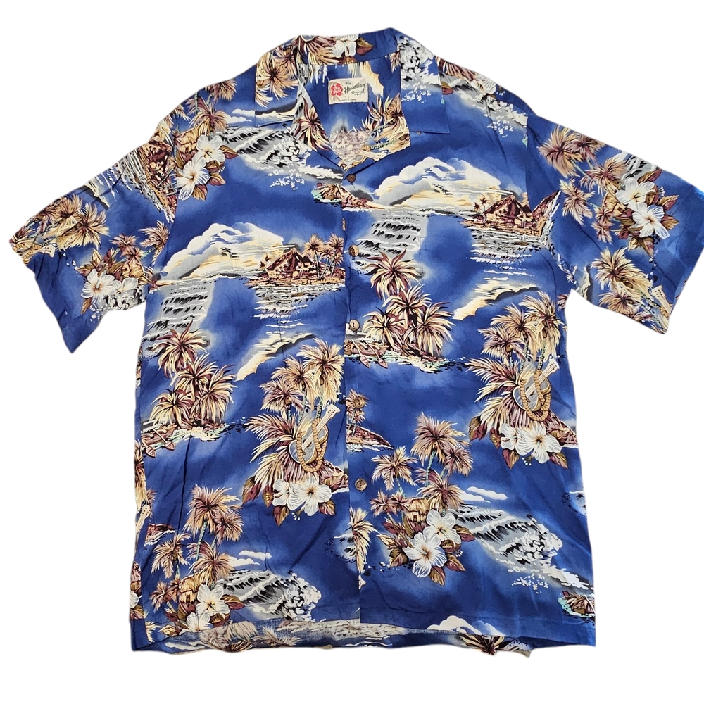 Vintage The Hawaiian Original Hilo Hattie Mens Shirt Blue Floral Volcano